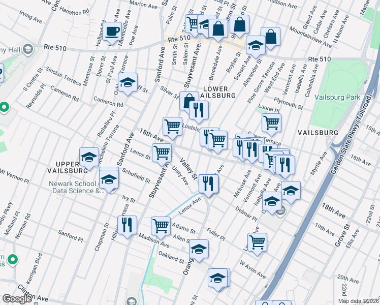 map of restaurants, bars, coffee shops, grocery stores, and more near 223 Sunset Avenue in Newark