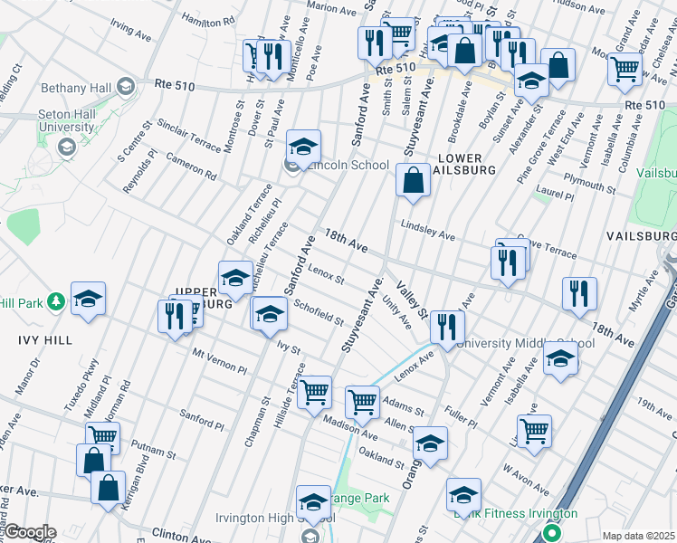 map of restaurants, bars, coffee shops, grocery stores, and more near 105 Underwood Street in Newark