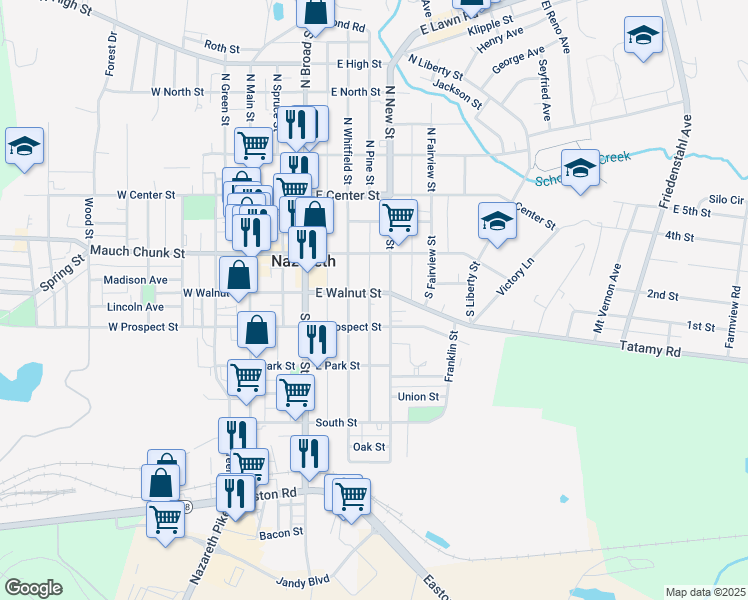 map of restaurants, bars, coffee shops, grocery stores, and more near 174 South New Street in Nazareth