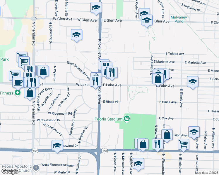 map of restaurants, bars, coffee shops, grocery stores, and more near 4221 North Knollridge Road in Peoria