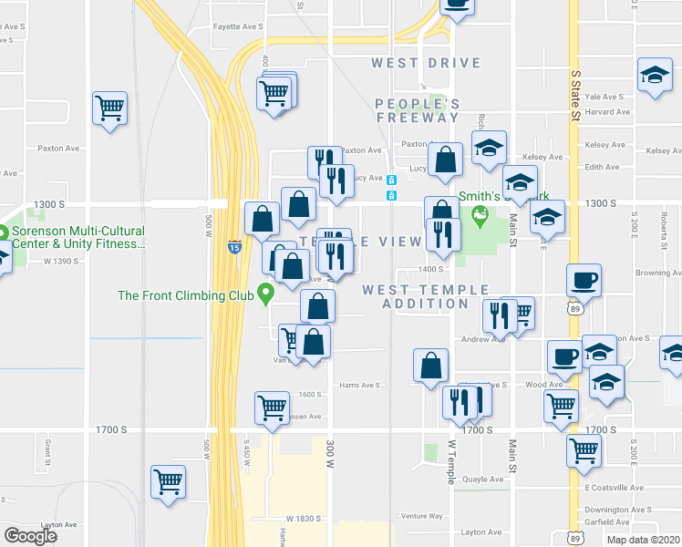 map of restaurants, bars, coffee shops, grocery stores, and more near 251 West 1400 South in Salt Lake City