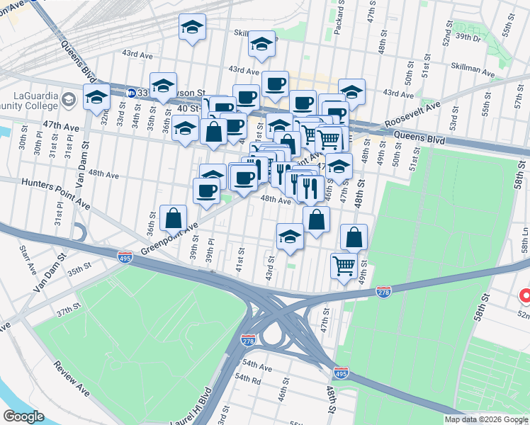 map of restaurants, bars, coffee shops, grocery stores, and more near 48-40 43rd Street in Queens