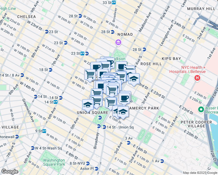 map of restaurants, bars, coffee shops, grocery stores, and more near 30 East 20th Street in New York