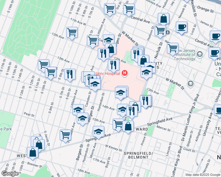 map of restaurants, bars, coffee shops, grocery stores, and more near 218 South Orange Avenue in Newark