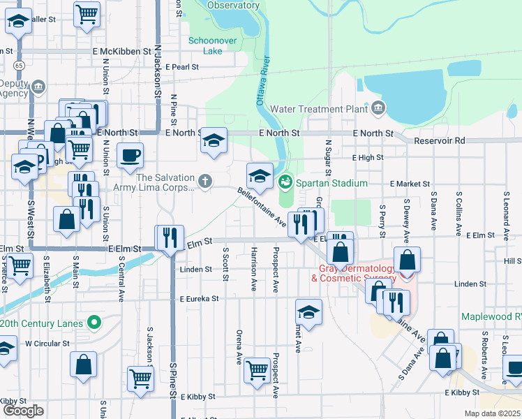 map of restaurants, bars, coffee shops, grocery stores, and more near 834 Bellefontaine Avenue in Lima