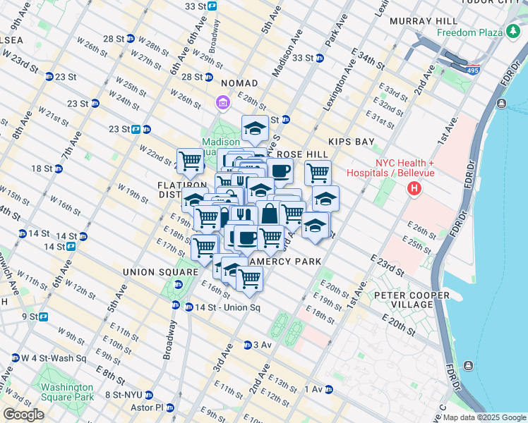 map of restaurants, bars, coffee shops, grocery stores, and more near 127 East 22nd Street in New York