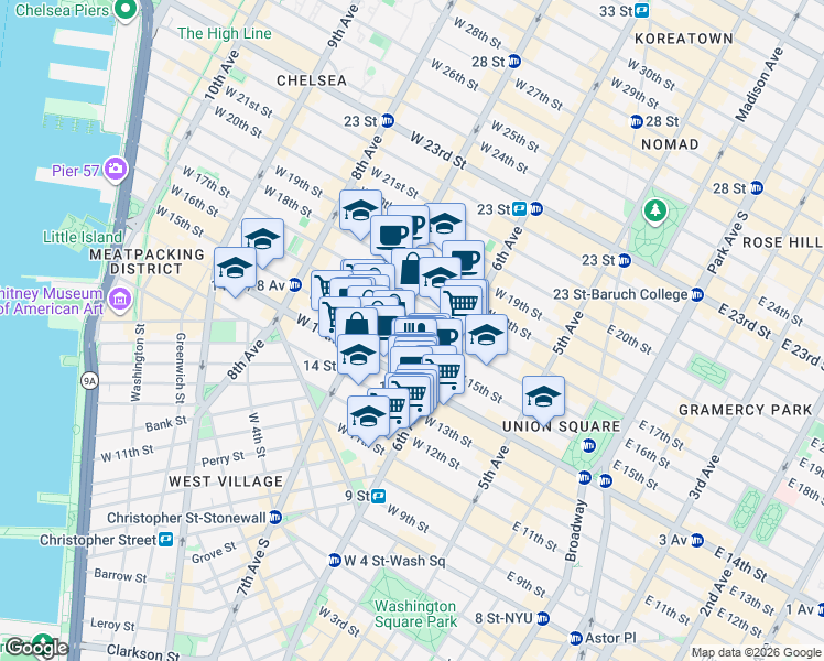 map of restaurants, bars, coffee shops, grocery stores, and more near 134 West 15th Street in New York