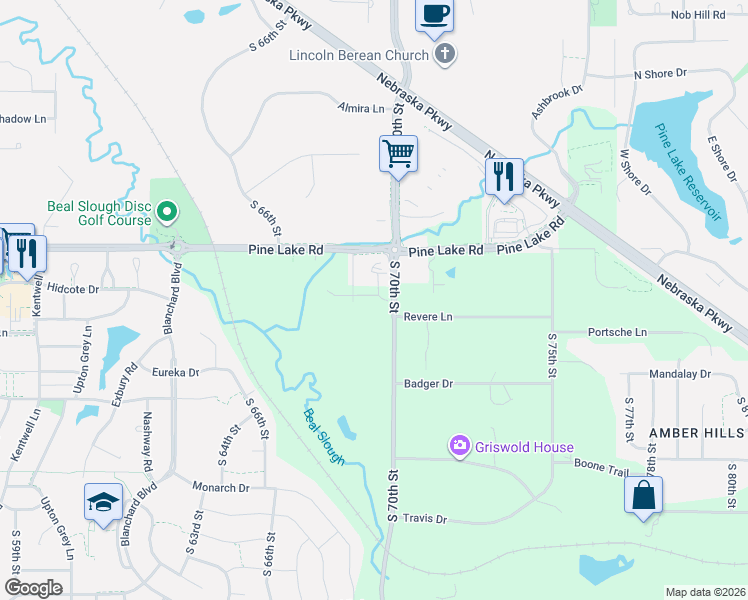 map of restaurants, bars, coffee shops, grocery stores, and more near 7201-7227 South 70th Street in Lincoln