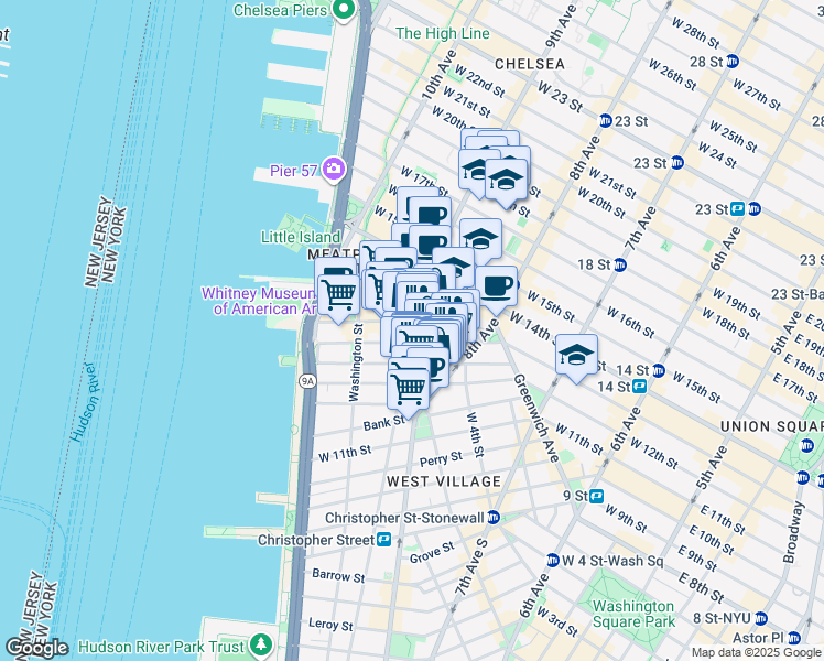 map of restaurants, bars, coffee shops, grocery stores, and more near 34 Gansevoort Street in New York