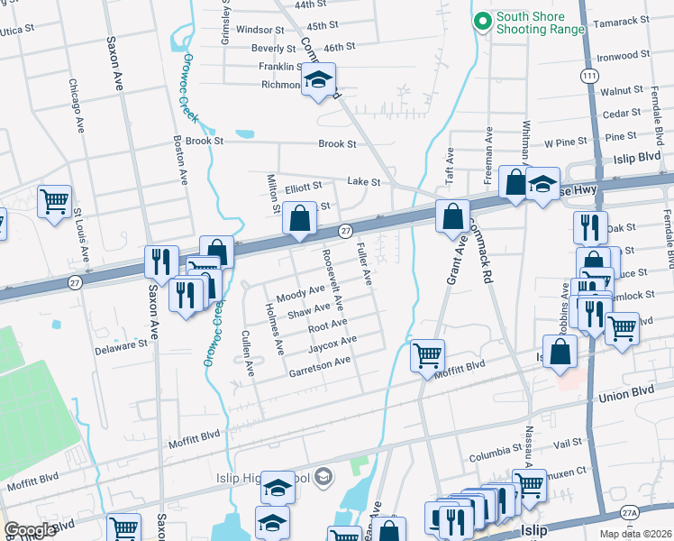 map of restaurants, bars, coffee shops, grocery stores, and more near 120 Moody Avenue in Islip