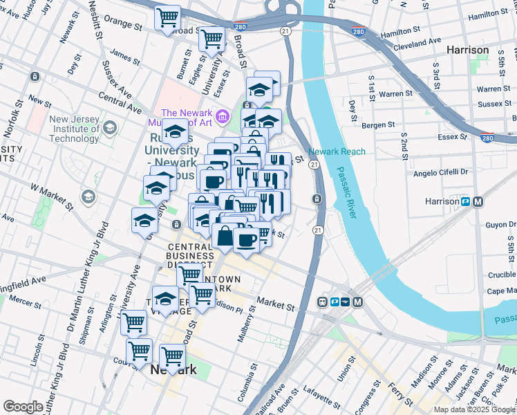 map of restaurants, bars, coffee shops, grocery stores, and more near 55 Park Place in Newark