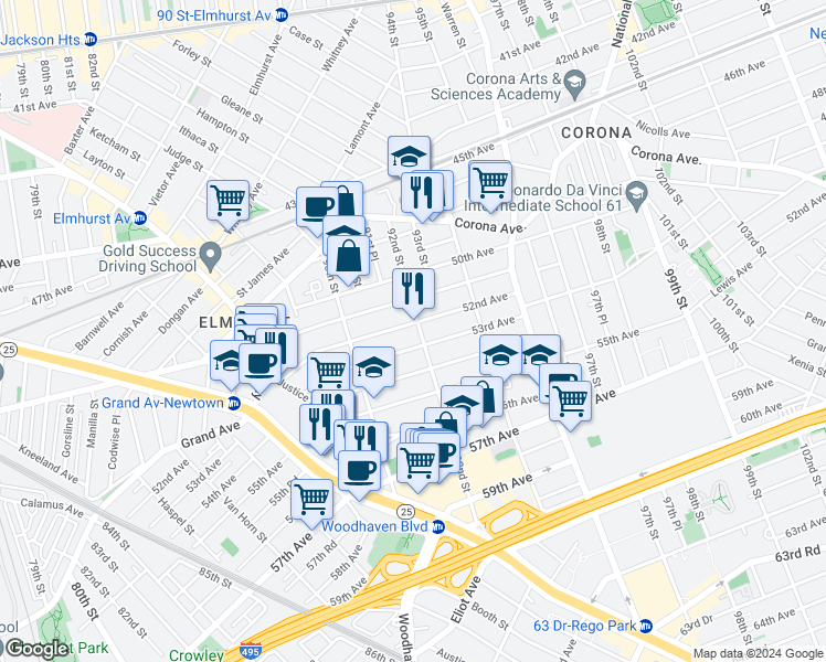 map of restaurants, bars, coffee shops, grocery stores, and more near 90-64 52nd Avenue in Queens