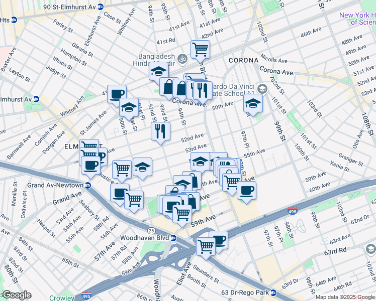 map of restaurants, bars, coffee shops, grocery stores, and more near 88-58 53rd Avenue in Queens