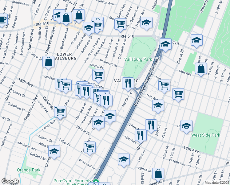 map of restaurants, bars, coffee shops, grocery stores, and more near 194 Munn Avenue in Irvington