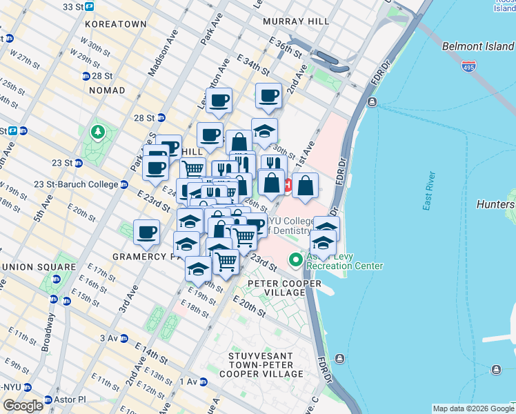 map of restaurants, bars, coffee shops, grocery stores, and more near 334 East 26th Street in New York