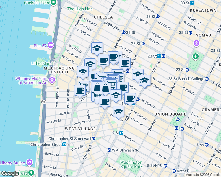 map of restaurants, bars, coffee shops, grocery stores, and more near 217 West 14th Street in New York