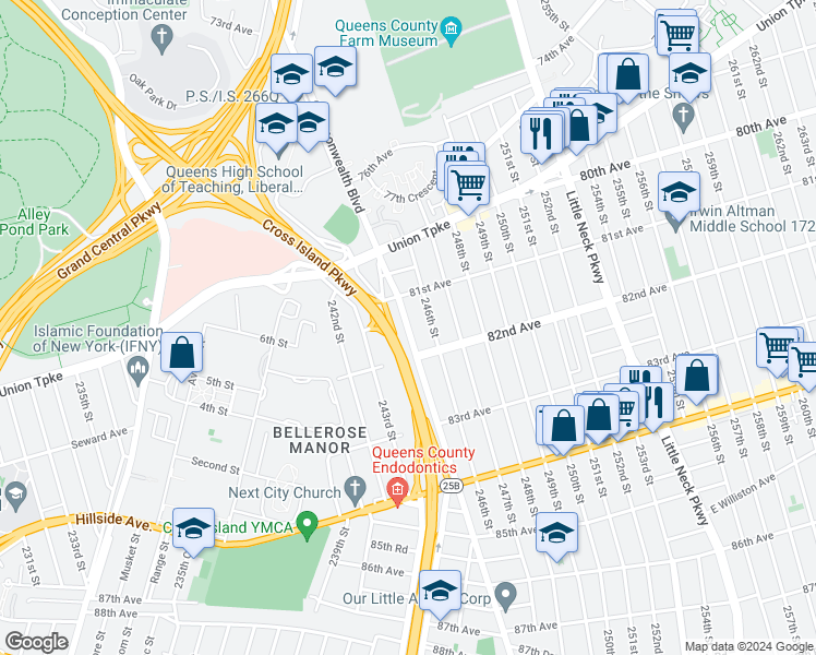 map of restaurants, bars, coffee shops, grocery stores, and more near Commonwealth Boulevard in Queens
