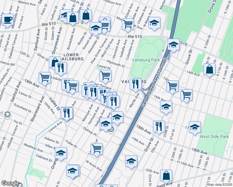 map of restaurants, bars, coffee shops, grocery stores, and more near 193 Columbia Avenue in Irvington