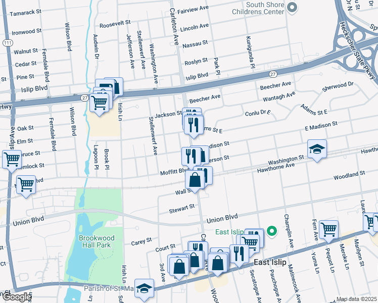 map of restaurants, bars, coffee shops, grocery stores, and more near 162 Carleton Avenue in East Islip