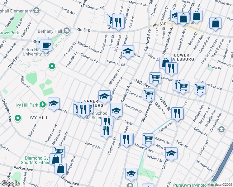 map of restaurants, bars, coffee shops, grocery stores, and more near 15 Varsity Court in Newark
