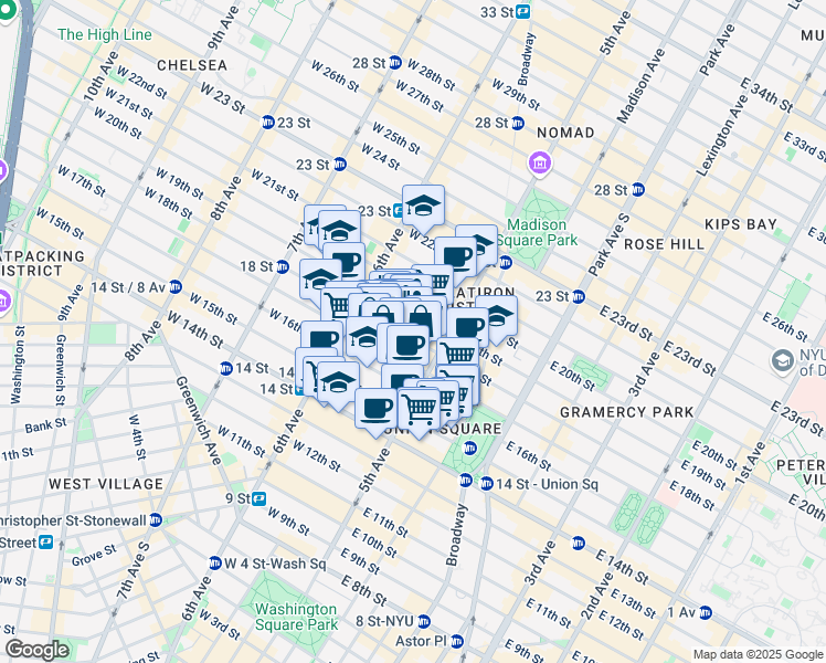 map of restaurants, bars, coffee shops, grocery stores, and more near 27 West 17th Street in New York