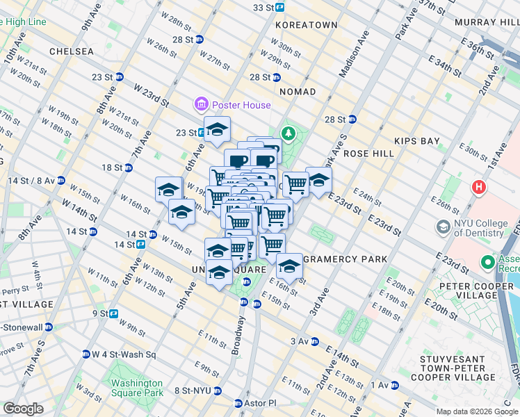 map of restaurants, bars, coffee shops, grocery stores, and more near Broadway & East 20th Street in New York