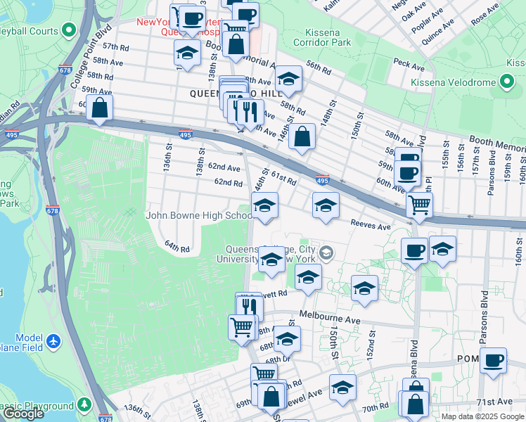 map of restaurants, bars, coffee shops, grocery stores, and more near 63-25 Main Street in Queens