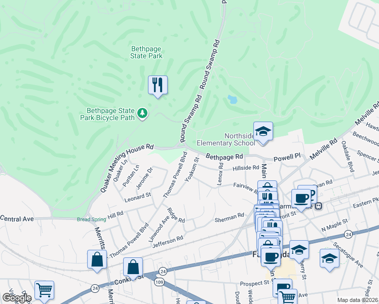 map of restaurants, bars, coffee shops, grocery stores, and more near 11 Yoakum Street in Farmingdale