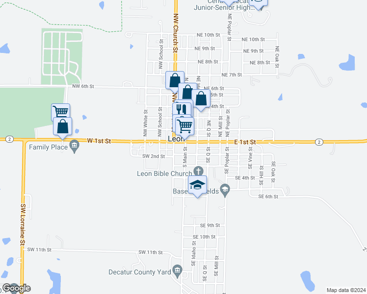 map of restaurants, bars, coffee shops, grocery stores, and more near 102 South Main Street in Leon