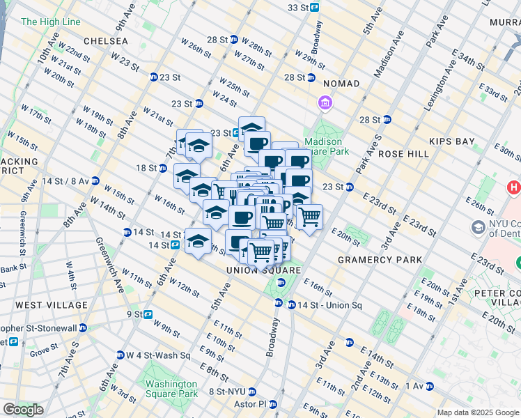 map of restaurants, bars, coffee shops, grocery stores, and more near in New York