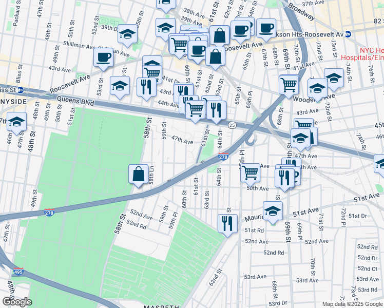 map of restaurants, bars, coffee shops, grocery stores, and more near 100 61st Street in Queens
