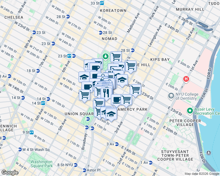 map of restaurants, bars, coffee shops, grocery stores, and more near 255 Park Avenue South in New York