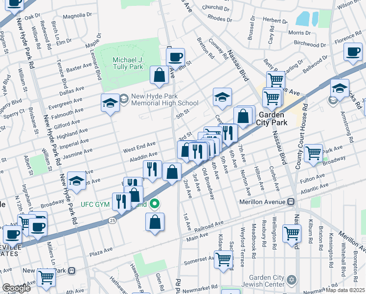 map of restaurants, bars, coffee shops, grocery stores, and more near 24 Denton Avenue in New Hyde Park