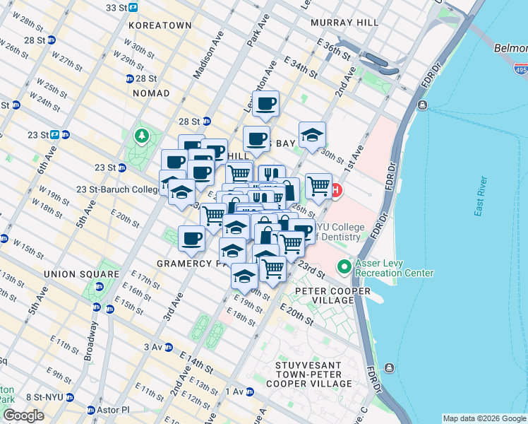 map of restaurants, bars, coffee shops, grocery stores, and more near 242 East 25th Street in New York
