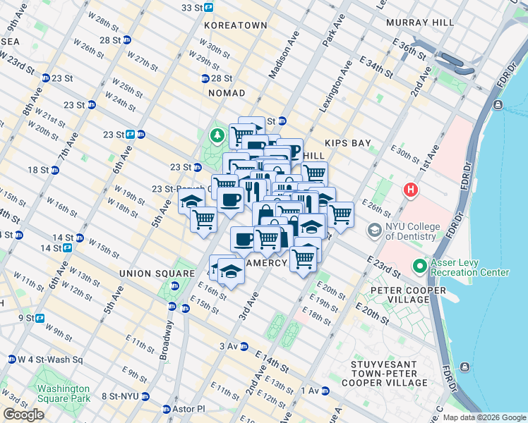 map of restaurants, bars, coffee shops, grocery stores, and more near 2 Lexington Avenue in New York