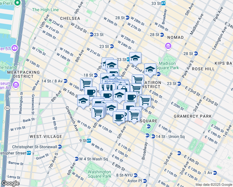 map of restaurants, bars, coffee shops, grocery stores, and more near 55 West 17th Street in New York