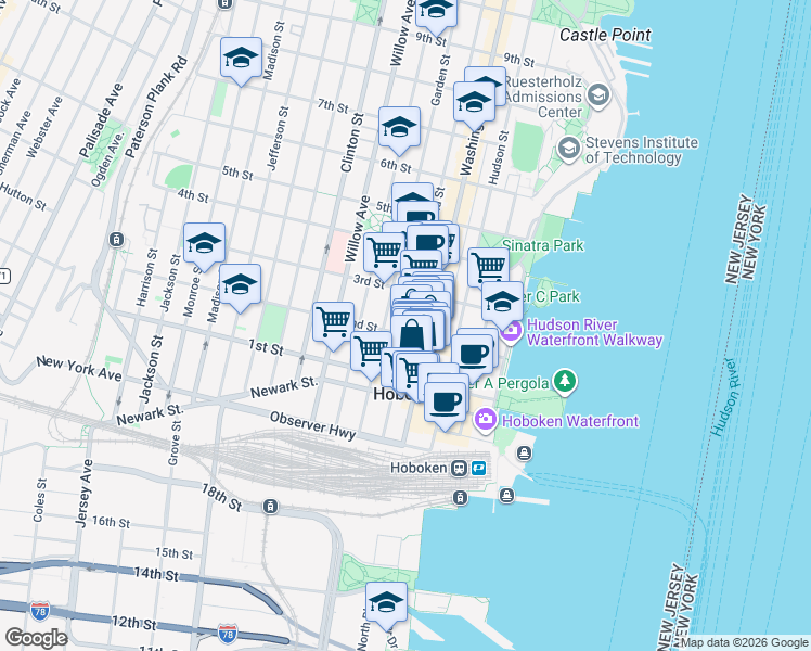 map of restaurants, bars, coffee shops, grocery stores, and more near 128 Washington Street in Hoboken