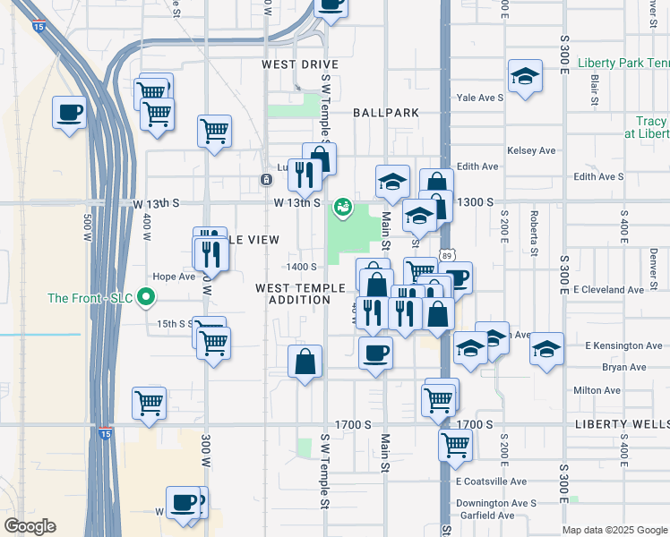 map of restaurants, bars, coffee shops, grocery stores, and more near 1418 South West Temple in Salt Lake City
