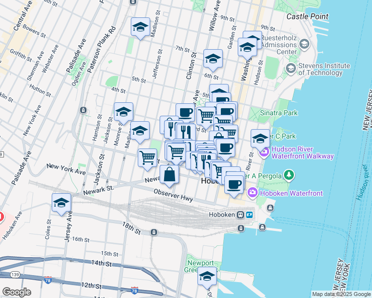 map of restaurants, bars, coffee shops, grocery stores, and more near 109 Willow Avenue in Hoboken