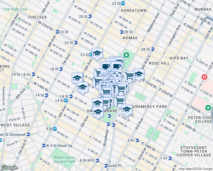 map of restaurants, bars, coffee shops, grocery stores, and more near in New York