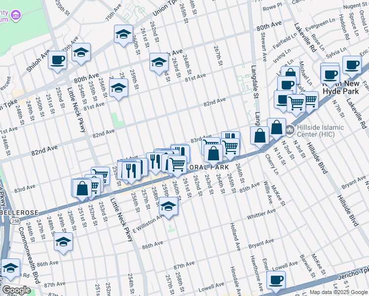 map of restaurants, bars, coffee shops, grocery stores, and more near 83-38 262nd Street in Queens