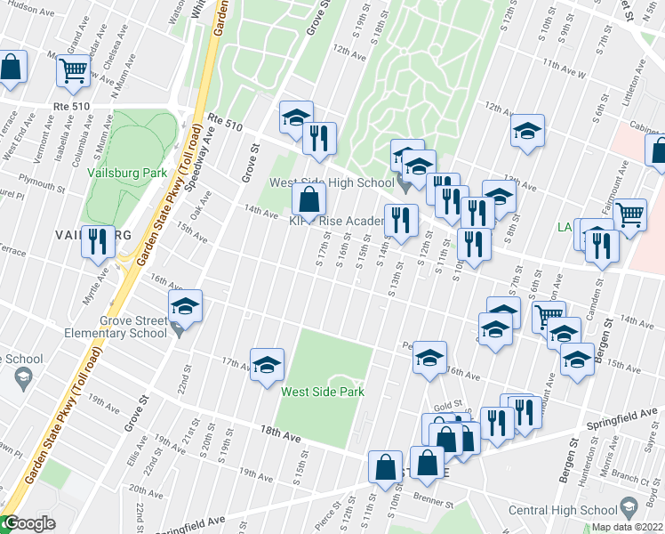 map of restaurants, bars, coffee shops, grocery stores, and more near 489 South 16th Street in Newark