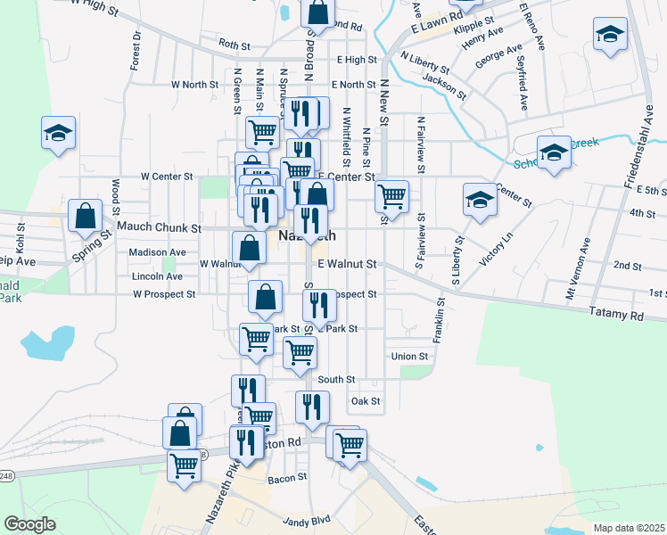 map of restaurants, bars, coffee shops, grocery stores, and more near 183 South Broad Street in Nazareth