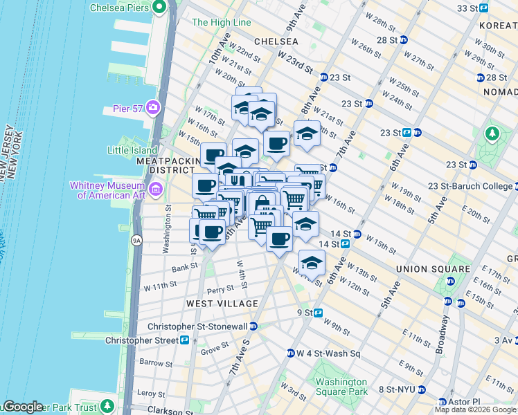 map of restaurants, bars, coffee shops, grocery stores, and more near 122 Greenwich Avenue in New York