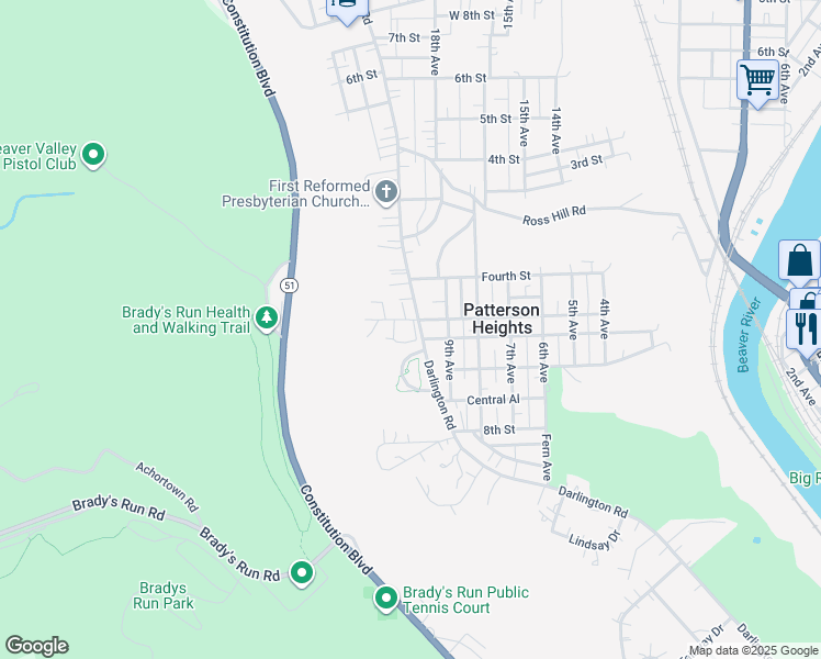 map of restaurants, bars, coffee shops, grocery stores, and more near 102 Saint Tropez Circle in Beaver Falls
