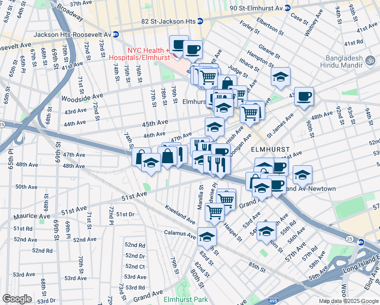 map of restaurants, bars, coffee shops, grocery stores, and more near Albion Avenue in Queens