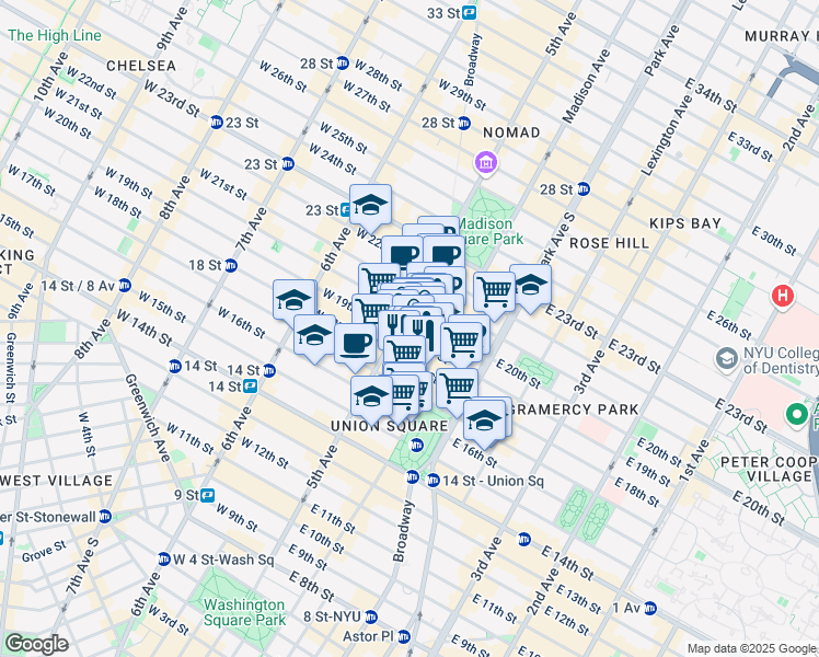 map of restaurants, bars, coffee shops, grocery stores, and more near 123 5th Avenue in New York