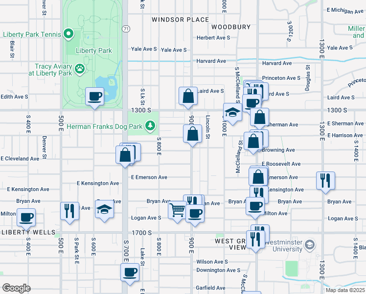 map of restaurants, bars, coffee shops, grocery stores, and more near 1438 900 East in Salt Lake City