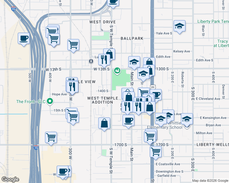map of restaurants, bars, coffee shops, grocery stores, and more near 1418 South West Temple in Salt Lake City