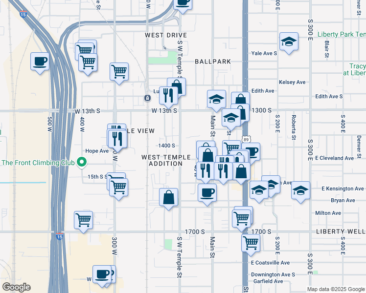 map of restaurants, bars, coffee shops, grocery stores, and more near 1418 South West Temple in Salt Lake City
